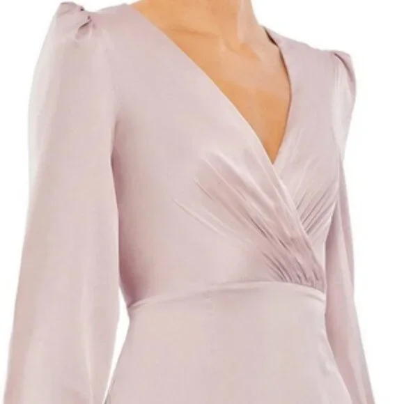Mac Duggal Rose Pink Ruched Satin Long Bishop Sleeve Gown